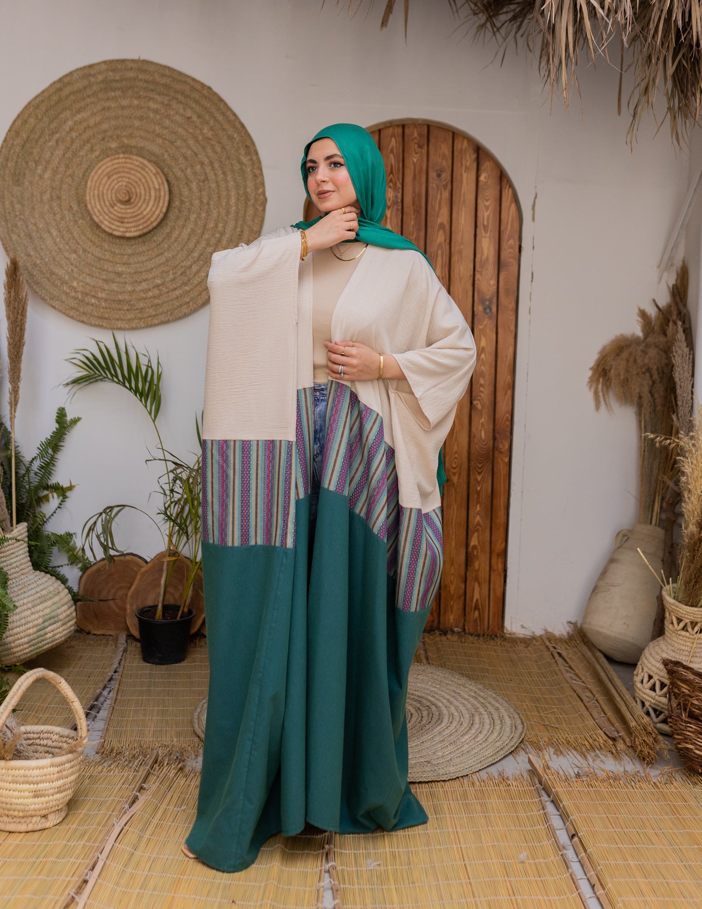 Linen Kaftan Inlaid With  Embroidered Fabric"green&beige"