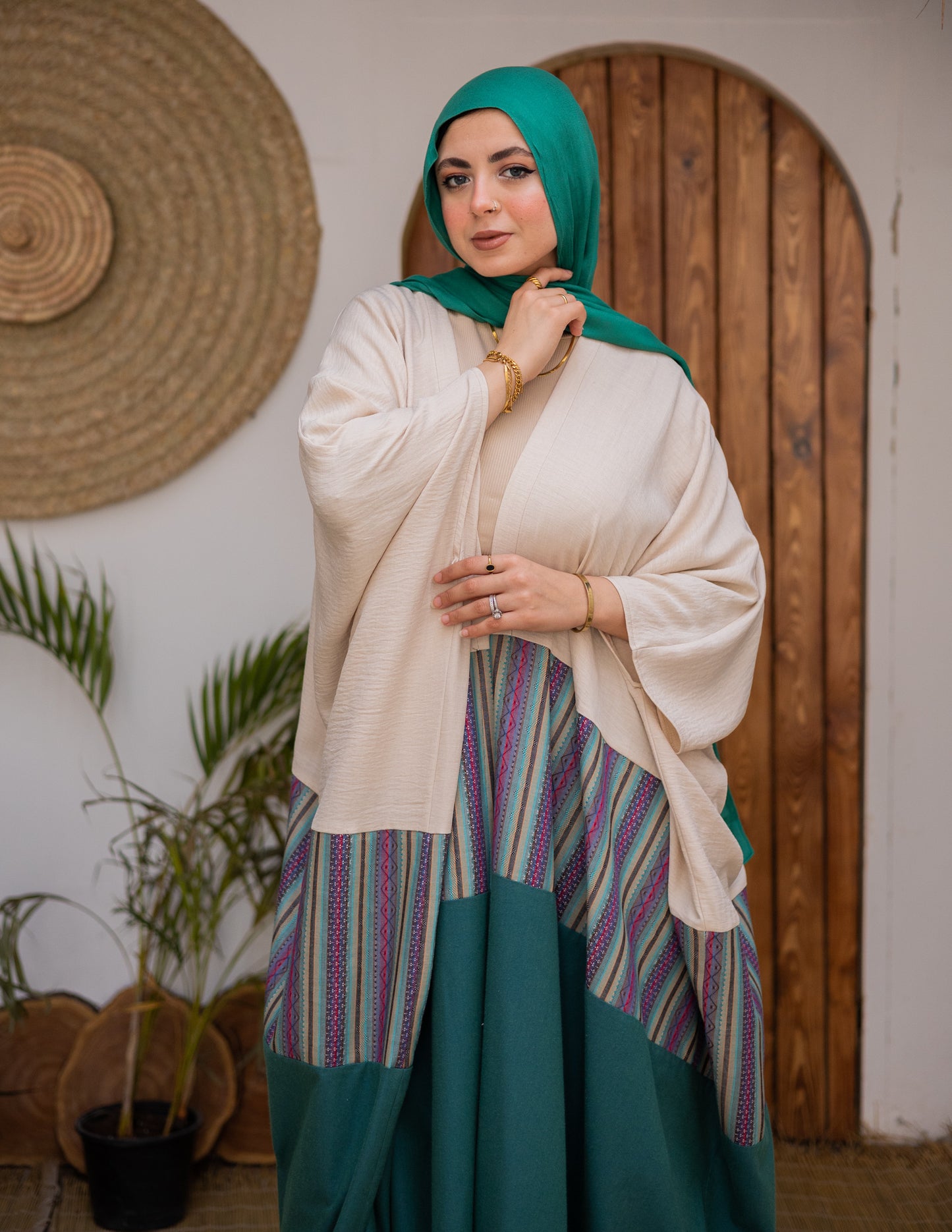 Linen Kaftan Inlaid With  Embroidered Fabric"green&beige"