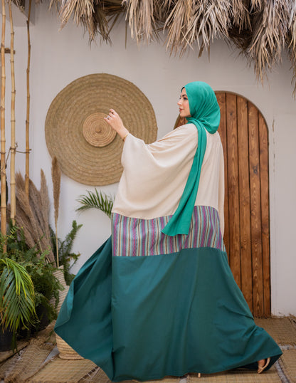 Linen Kaftan Inlaid With  Embroidered Fabric"green&beige"