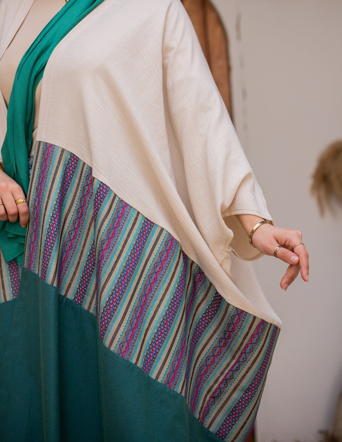 Linen Kaftan Inlaid With  Embroidered Fabric"green&beige"