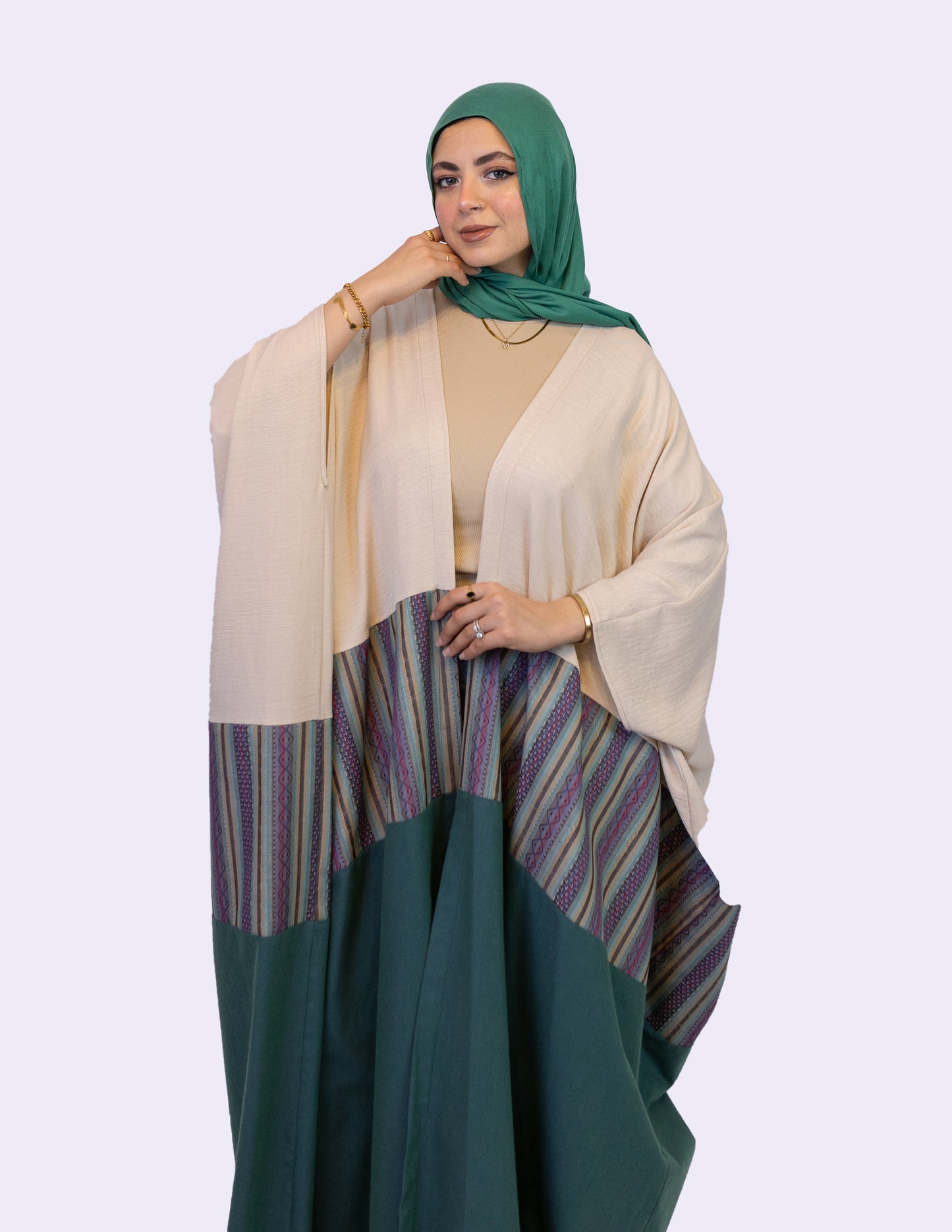 Linen Kaftan Inlaid With  Embroidered Fabric"green&beige"