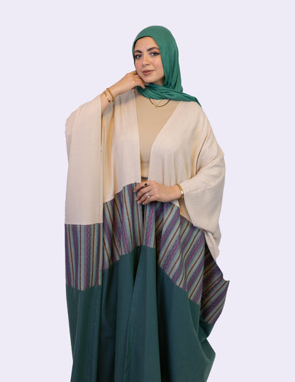 Linen Kaftan Inlaid With  Embroidered Fabric"green&beige"