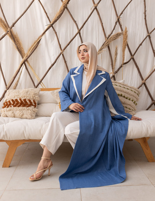 Riviera Linen Abaya Inlaid With Pure Linen In Blue