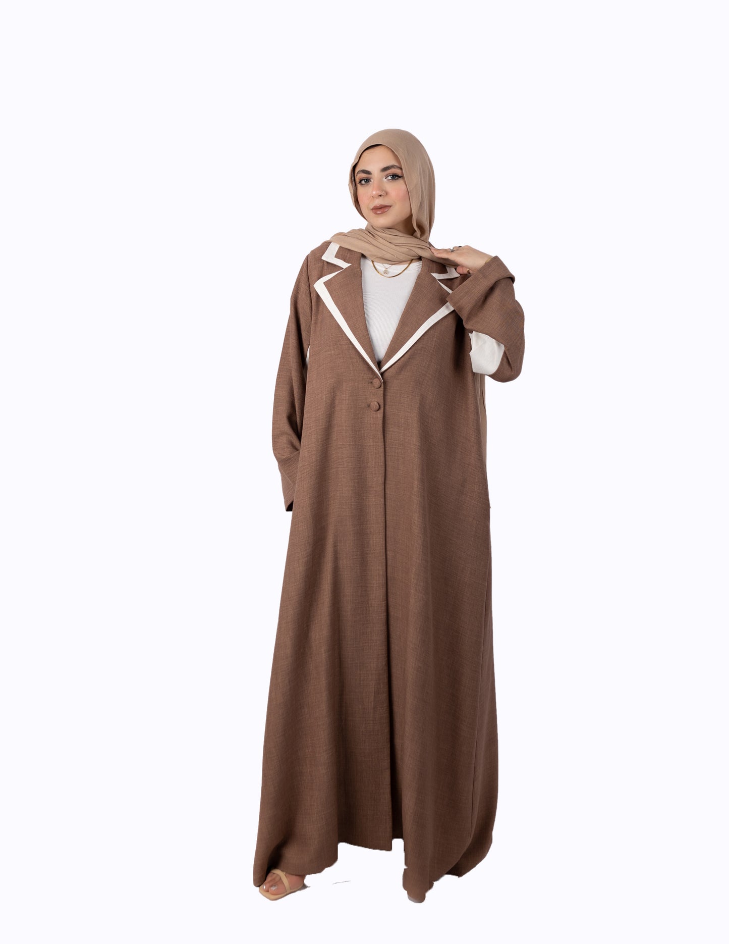 Riviera Linen Abaya Inlaid With Pure Linen In Cafe