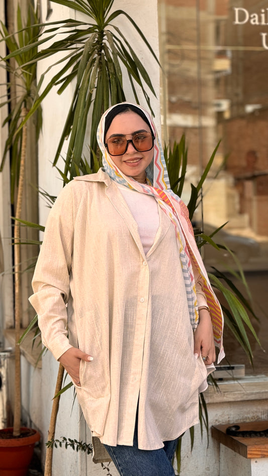 A linen Oversize Shirt With White Flecks In Beige