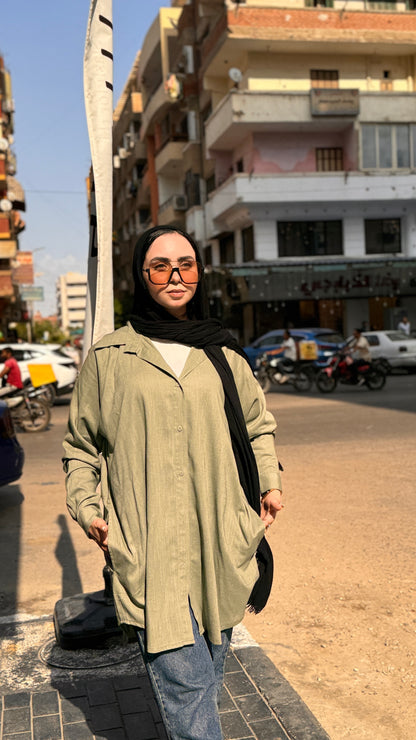 A linen Oversize Shirt With White Flecks In Olive