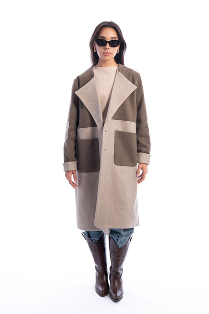 A two-tone wool-blend overcoat  In "beige&brown"