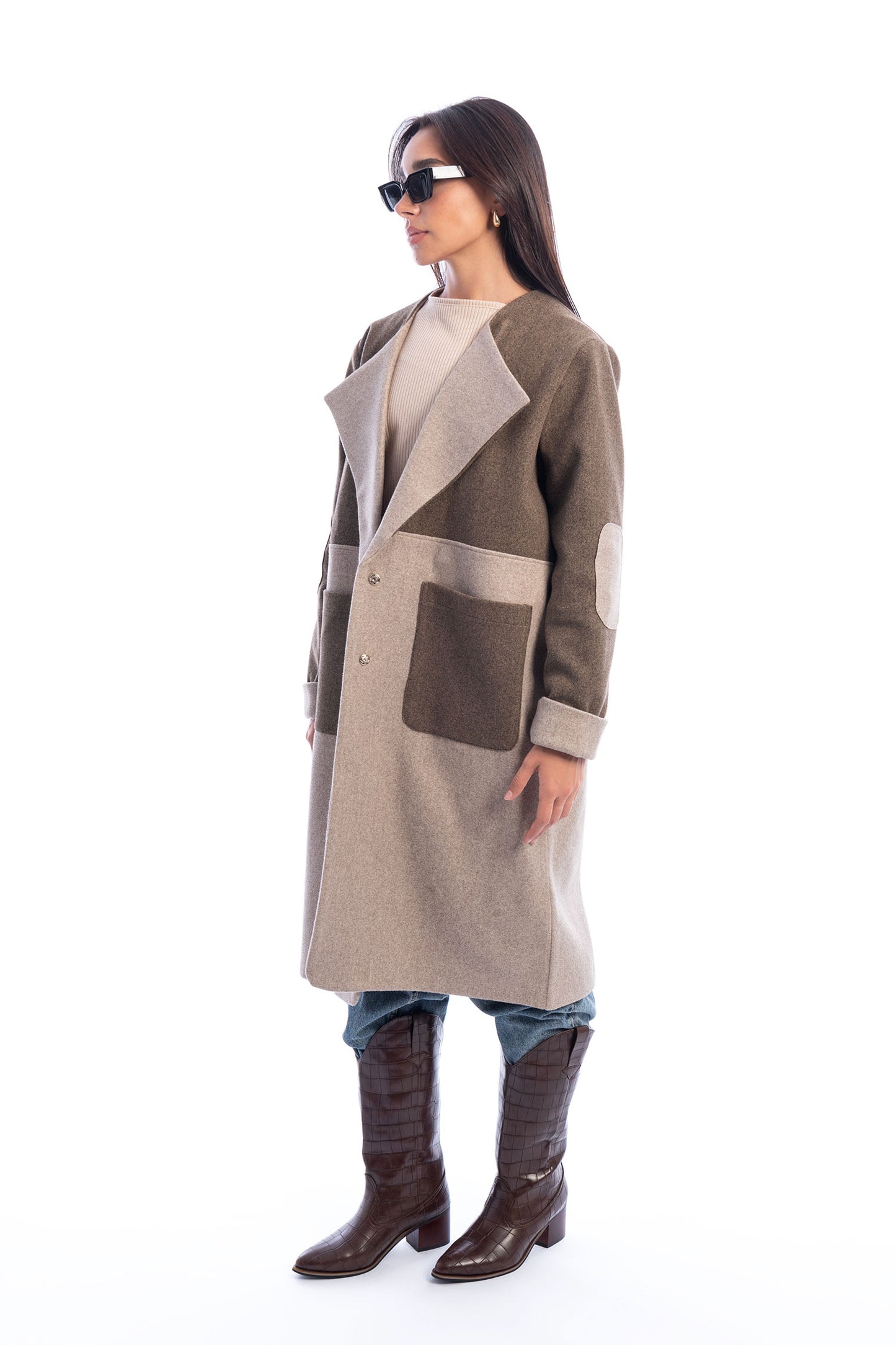 A two-tone wool-blend overcoat  In "beige&brown"