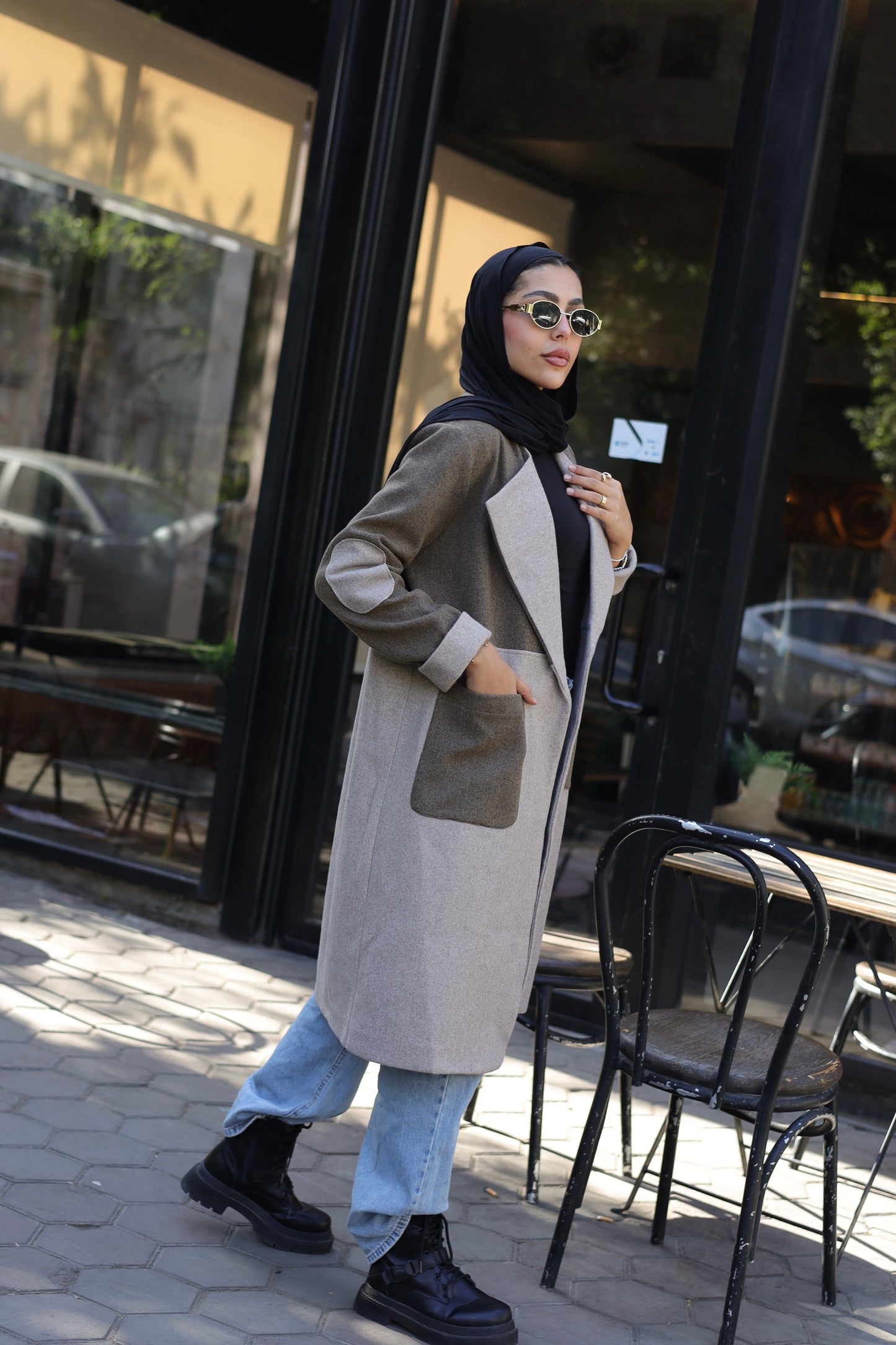 A two-tone wool-blend overcoat  In "beige&brown"