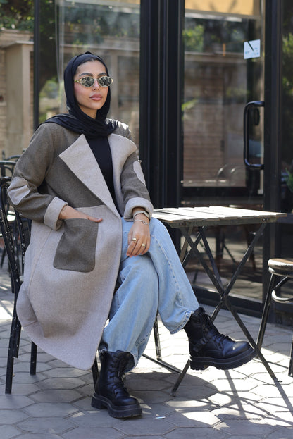 A two-tone wool-blend overcoat  In "beige&brown"