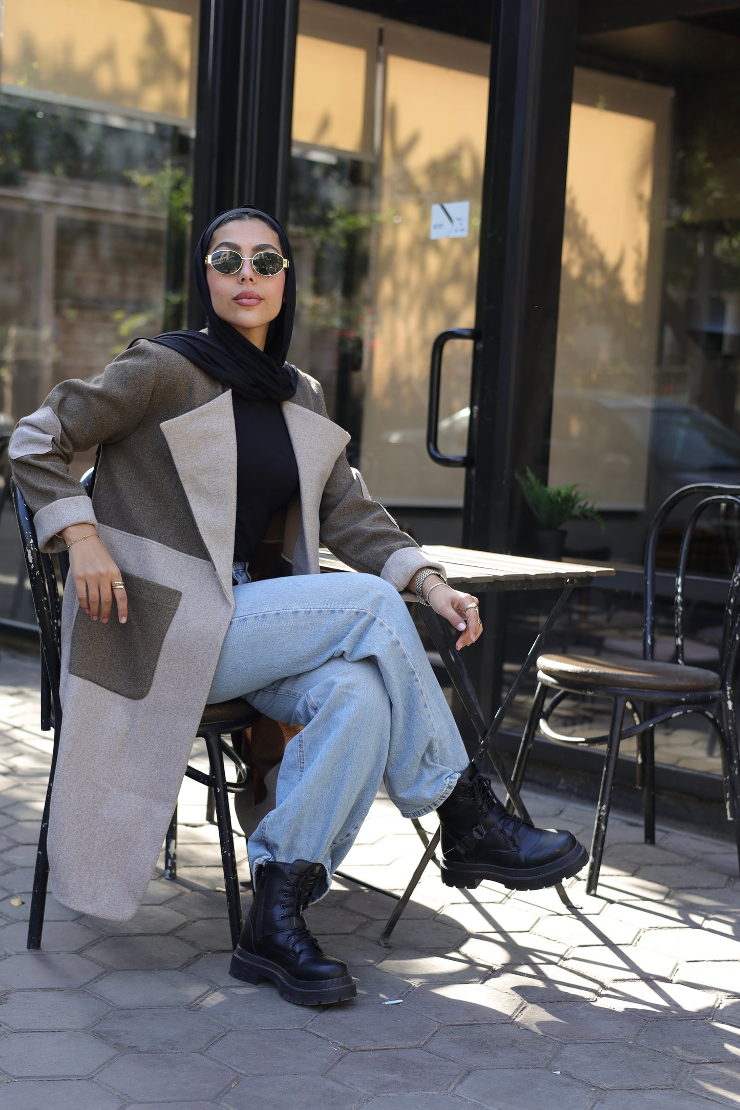 A two-tone wool-blend overcoat  In "beige&brown"