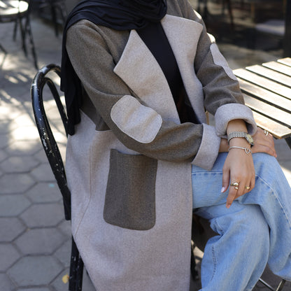 A two-tone wool-blend overcoat  In "beige&brown"