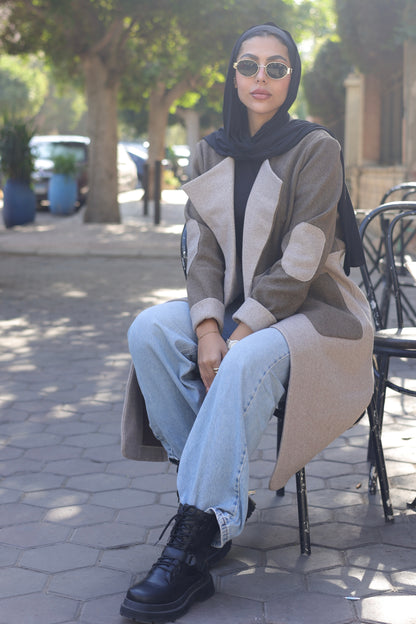 A two-tone wool-blend overcoat  In "beige&brown"