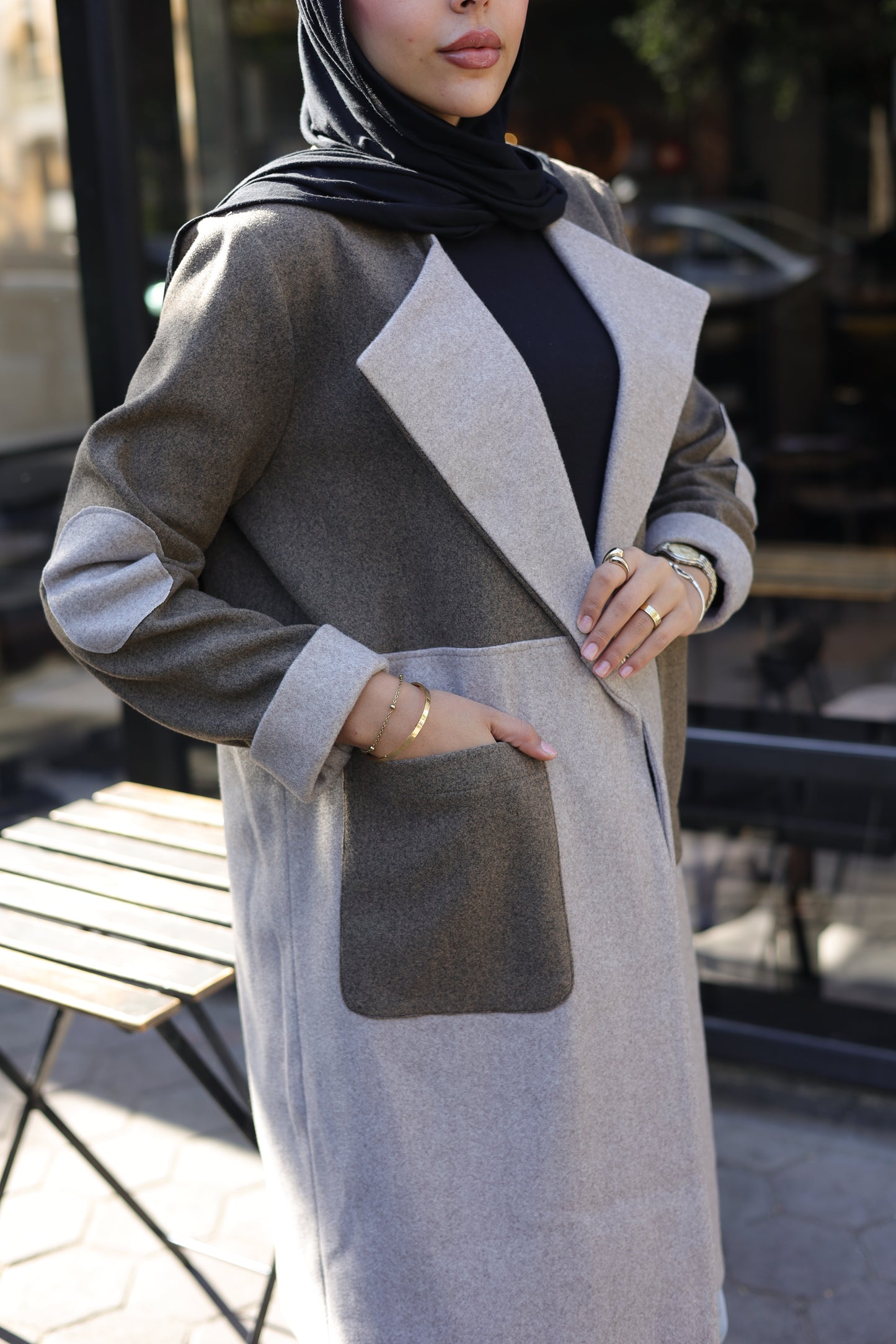 A two-tone wool-blend overcoat  In "beige&brown"