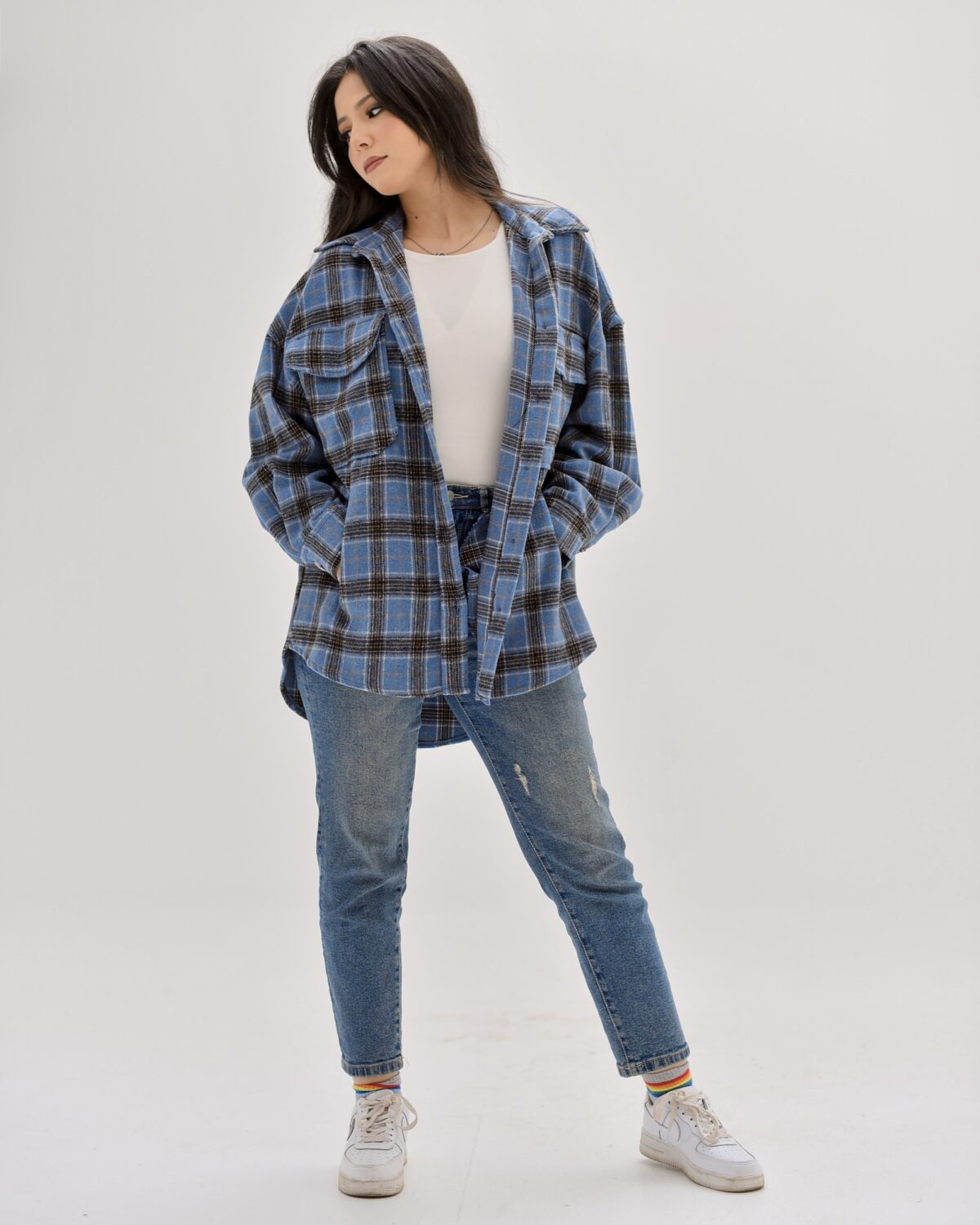 Blue Thick wool oversized check shirt
