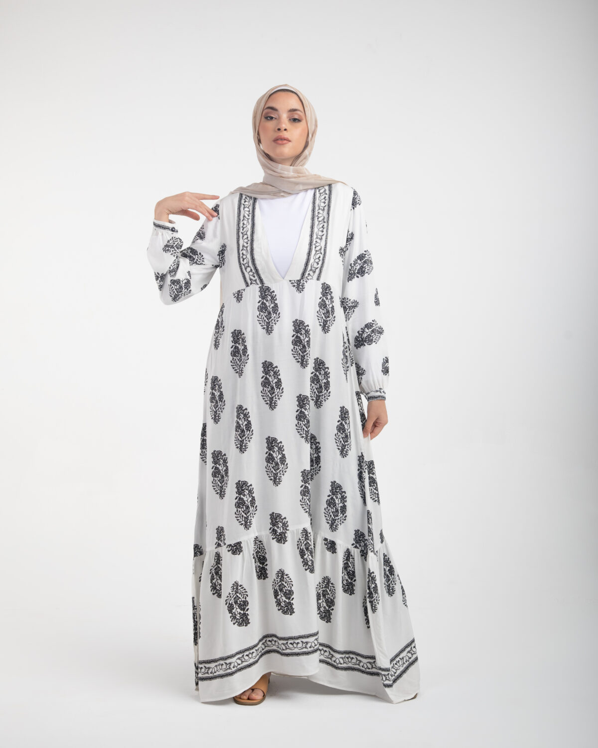 Modest black and white tropical printed dress
