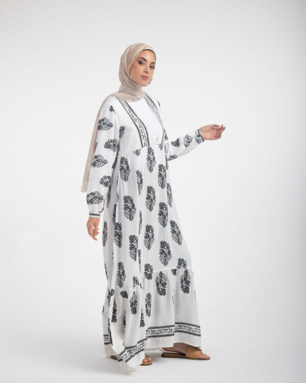 Modest black and white tropical printed dress